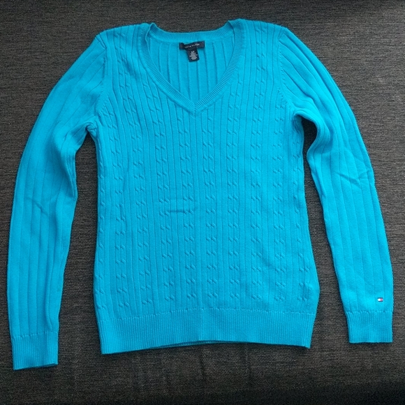 Tommy Hilfiger Cerulean V-neck Cable Sweater - Picture 1 of 4